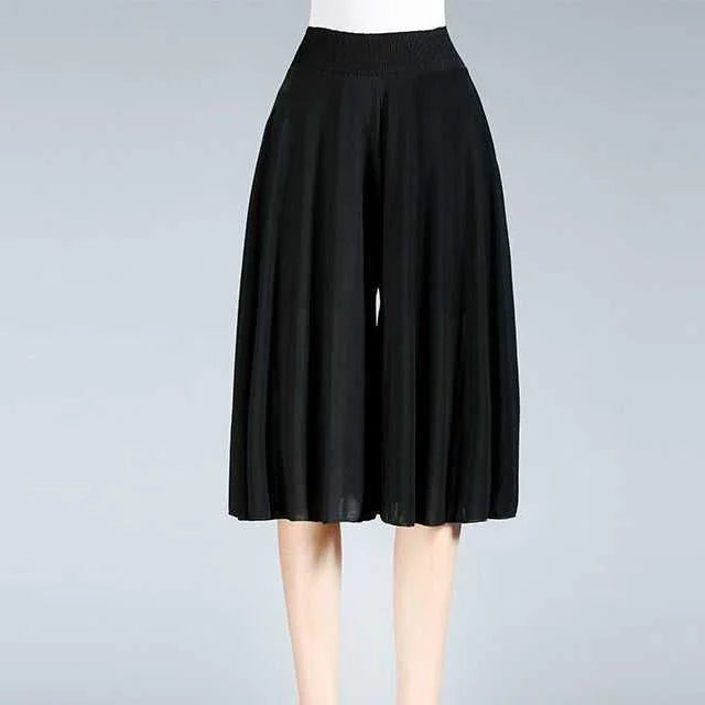 Womens High Elastic Waist Pleated Chiffon Wide Leg Culottes