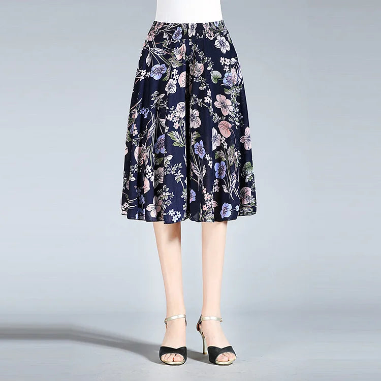Womens High Elastic Waist Pleated Chiffon Wide Leg Culottes