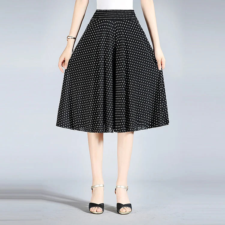 Womens High Elastic Waist Pleated Chiffon Wide Leg Culottes