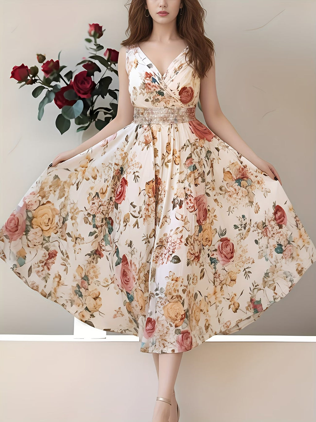 New Fashion Elegant Print Sleeveless V-Neck Wrap Dress