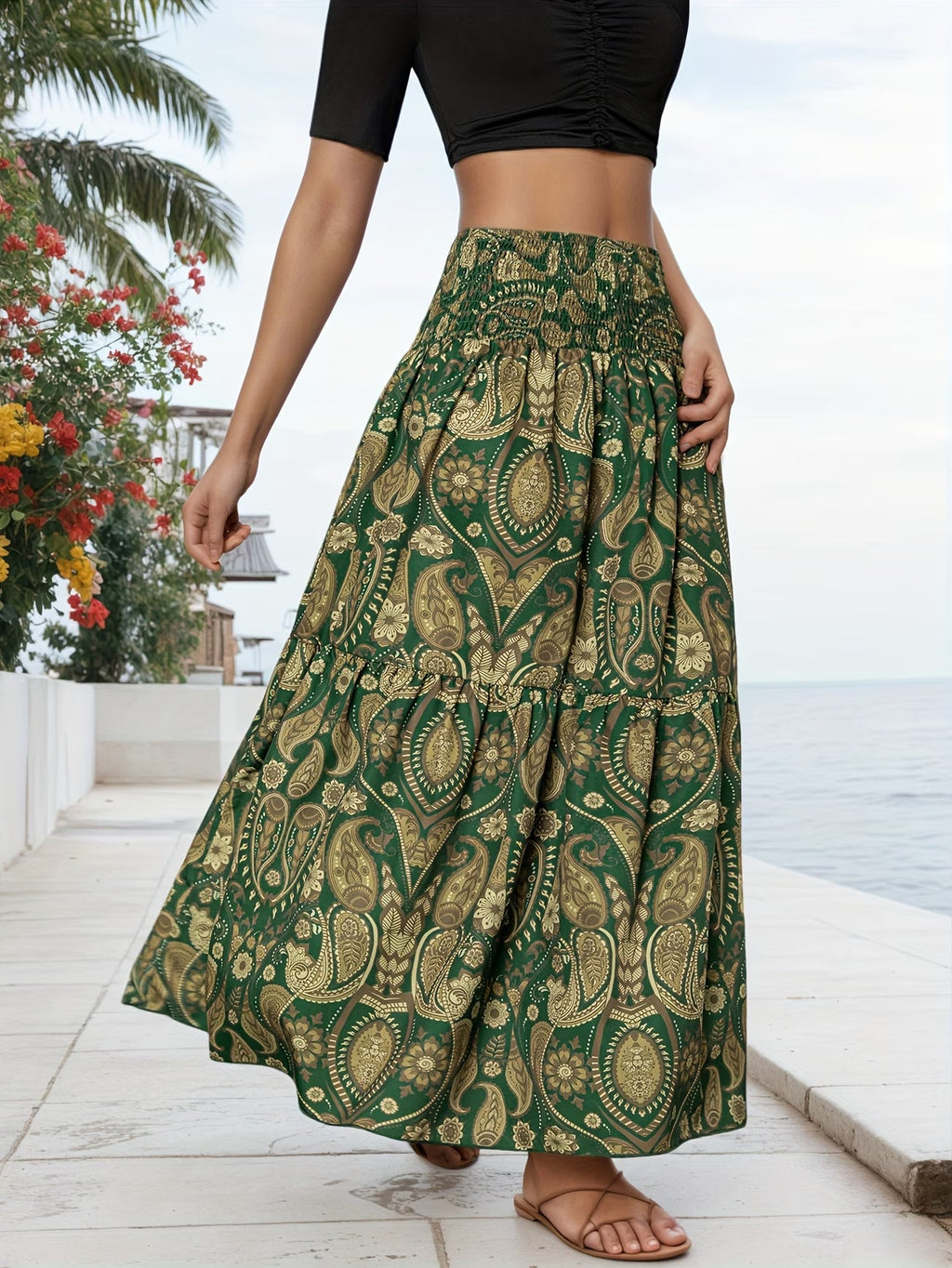 🌸 Women High Waist Tiered Flowy Brown Paisley Print Bohemian Maxi Skirt 🌸