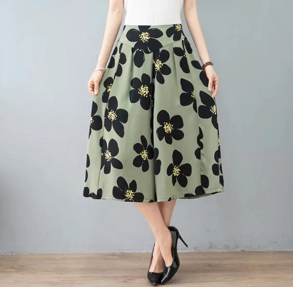 Womens High Elastic Waist Pleated Chiffon Wide Leg Culottes