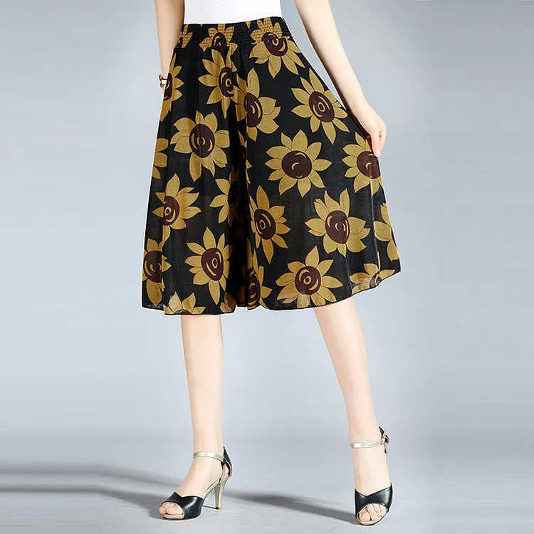 Womens High Elastic Waist Pleated Chiffon Wide Leg Culottes