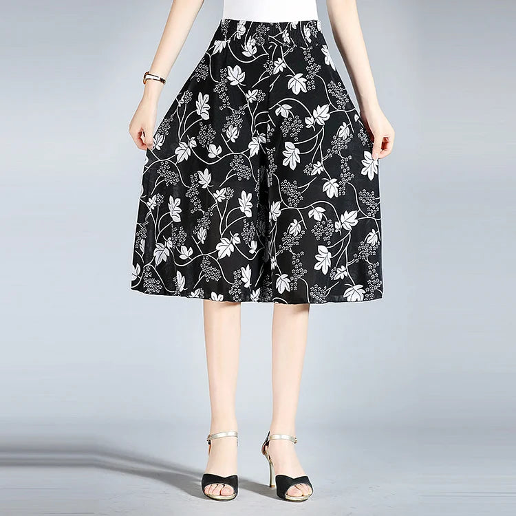 Womens High Elastic Waist Pleated Chiffon Wide Leg Culottes
